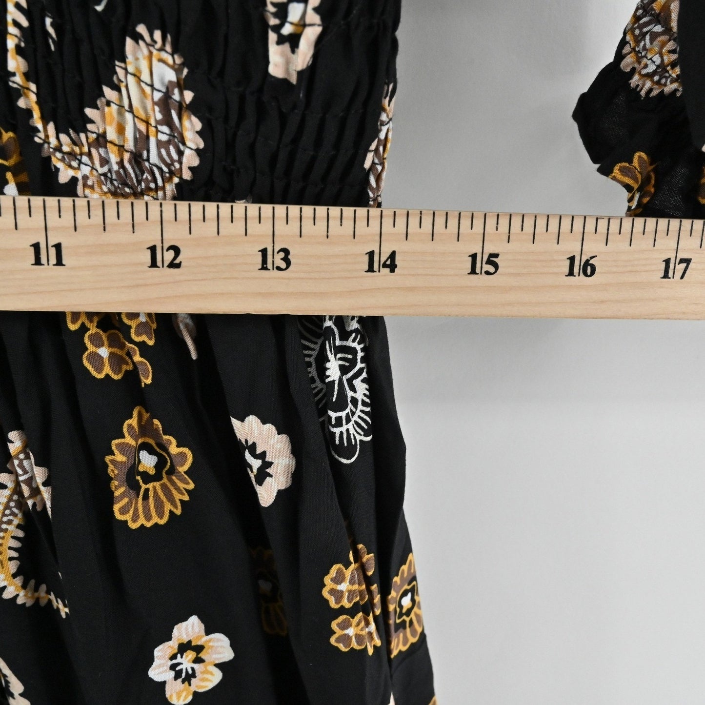 Anthropologie Kindred Floral Paisley Dress Size L Bohemian Smocked Waist Black