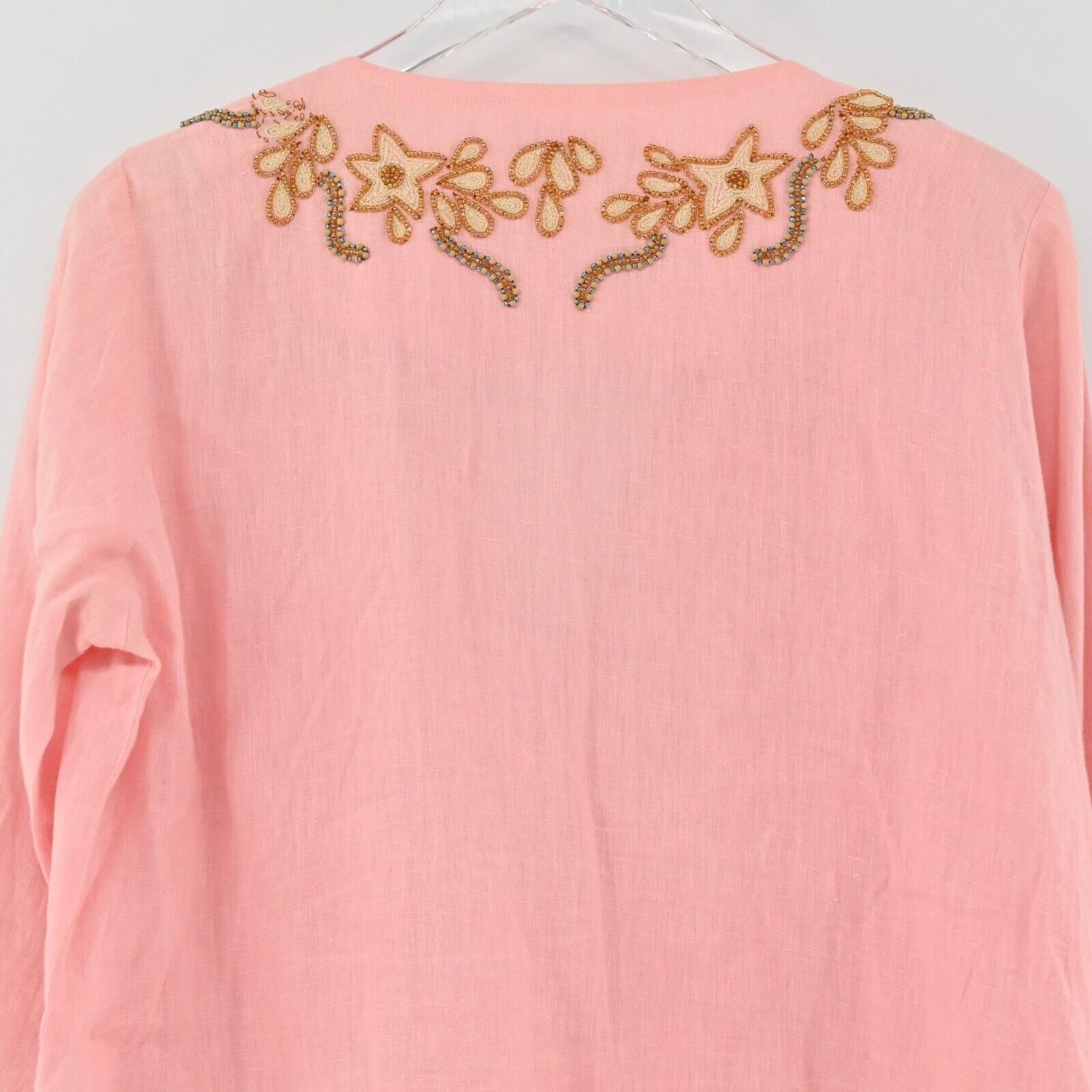 BARBARA GERWIT Top Womens Size M Linen Beaded Detail Pink Tunic Split VNeck
