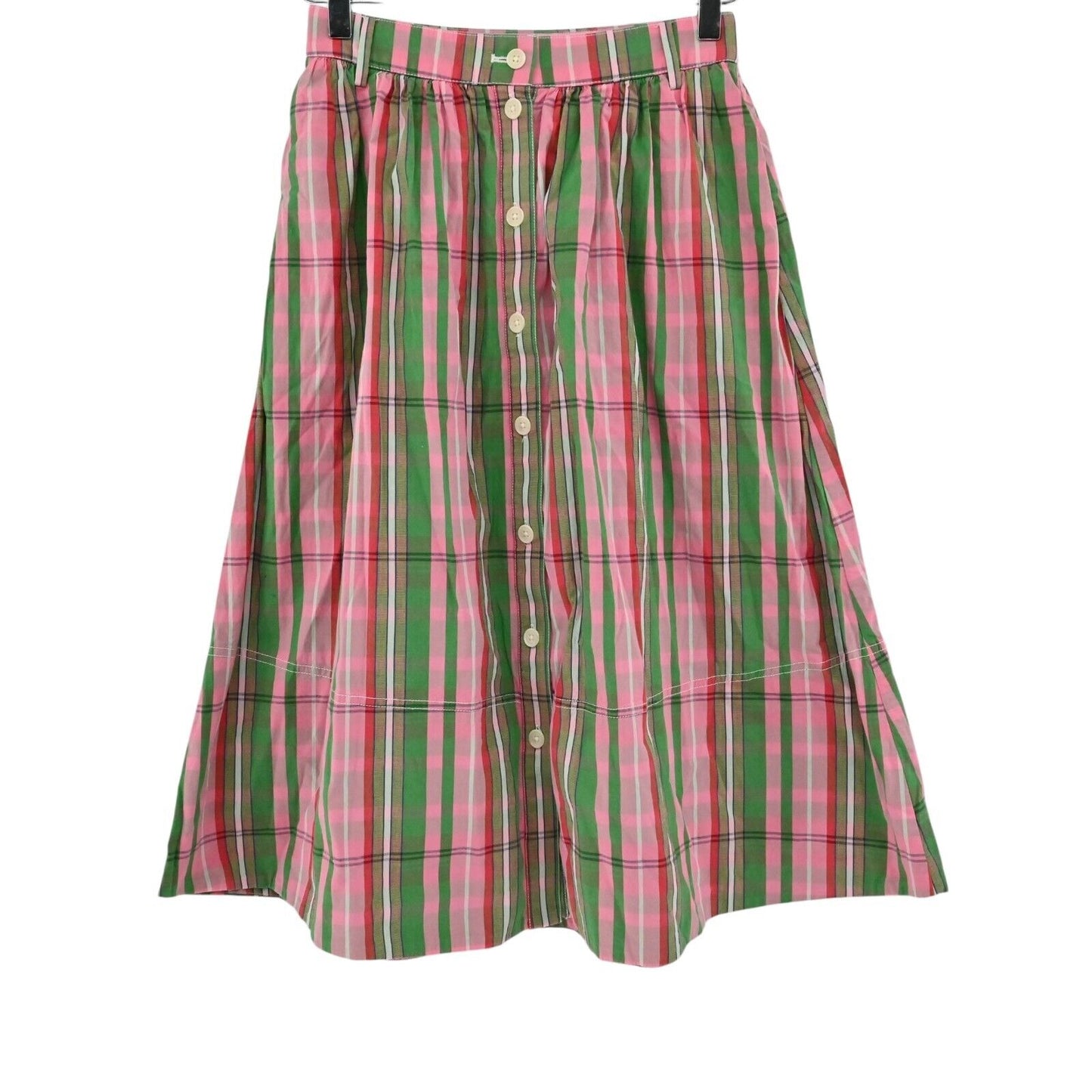 J CREW Skirt Sz 00 Pink Green Plaid Organic Cotton Blend Button Front Midi Retro
