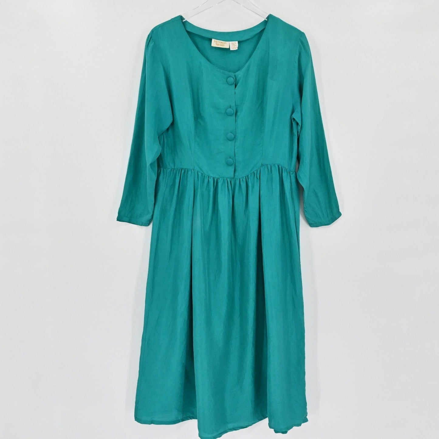 Vtg Victorias Secret Gold Label Silk Dress Size S Teal Button Modest Timeless