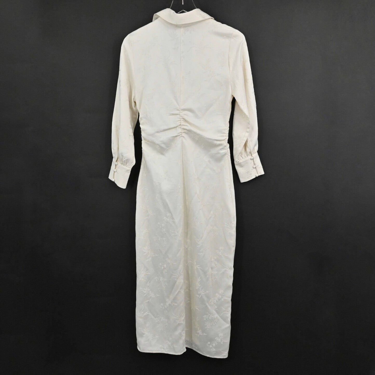 ZARA Dress Size XS Jacquard Ecru Shirt Collar Midi Long Sleeve Ruched Button