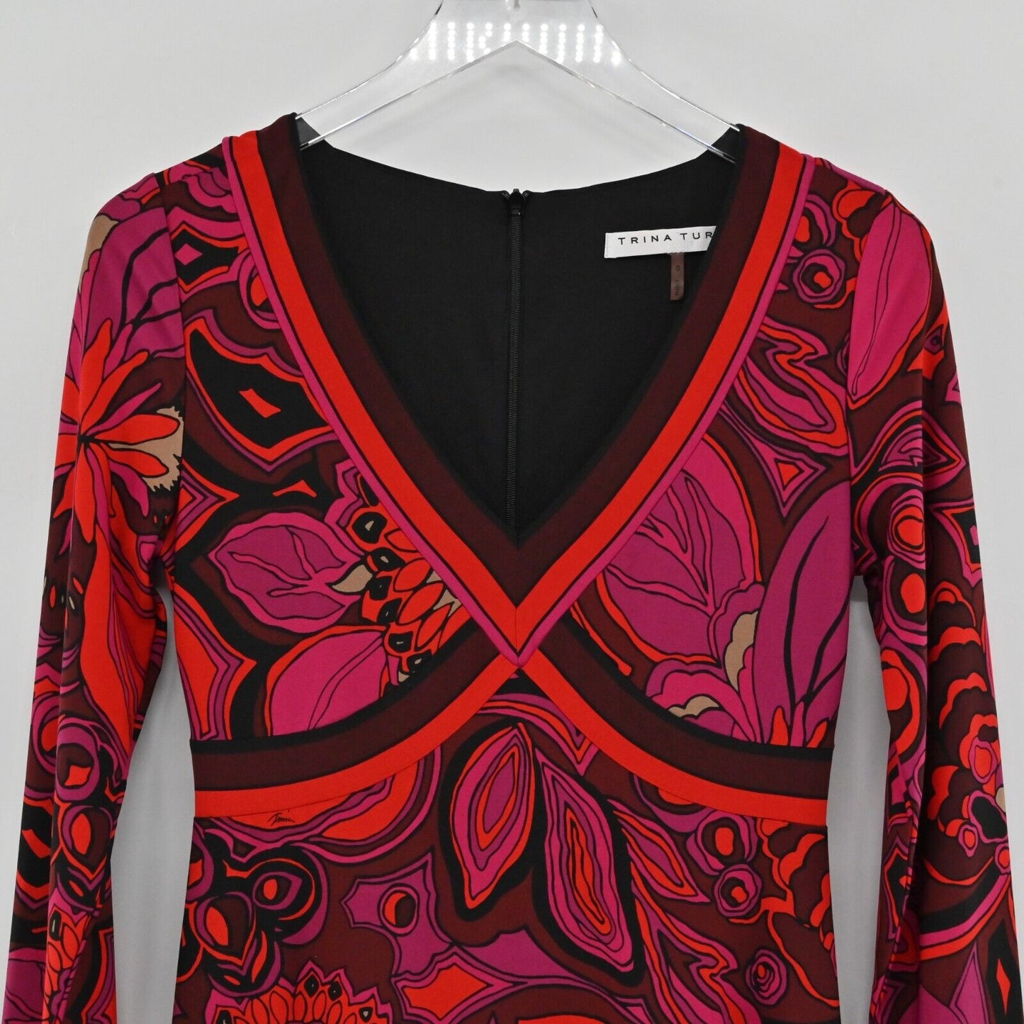 TRINA TURK Dress Size 0 Pink Red Floral V Neck Long Sleeve Paisley Valentines