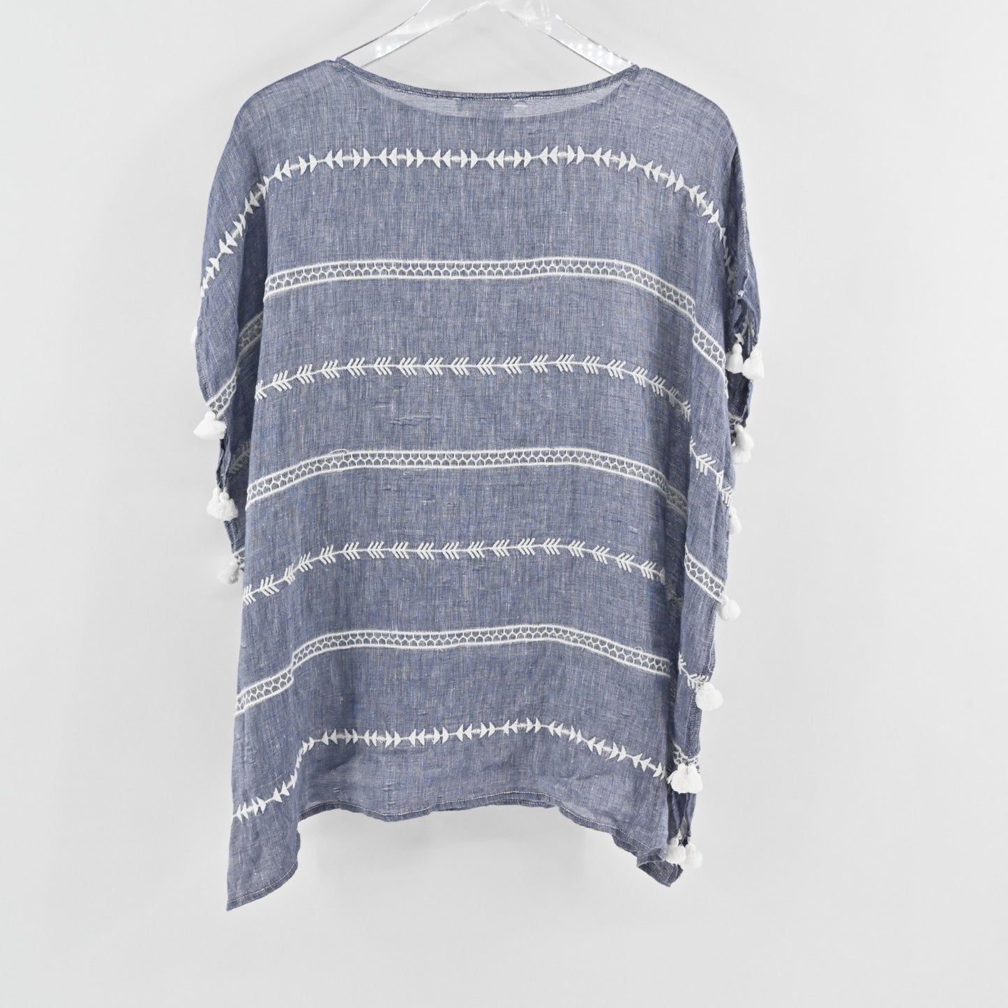 Colors De Opal Womens Linen Tunic OS Chambray White Embroidered Tassel Cover Up