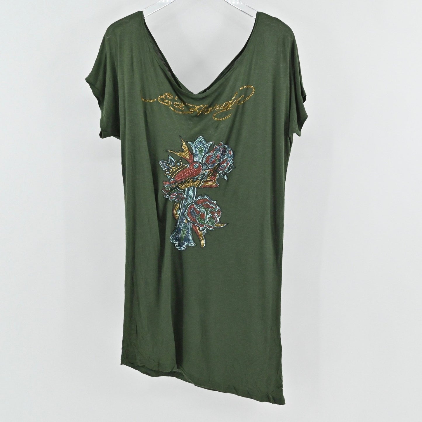 Ed Hardy Rhinestone Embellished Dress Size M Olive Green Y2k Edgy Grunge Indie