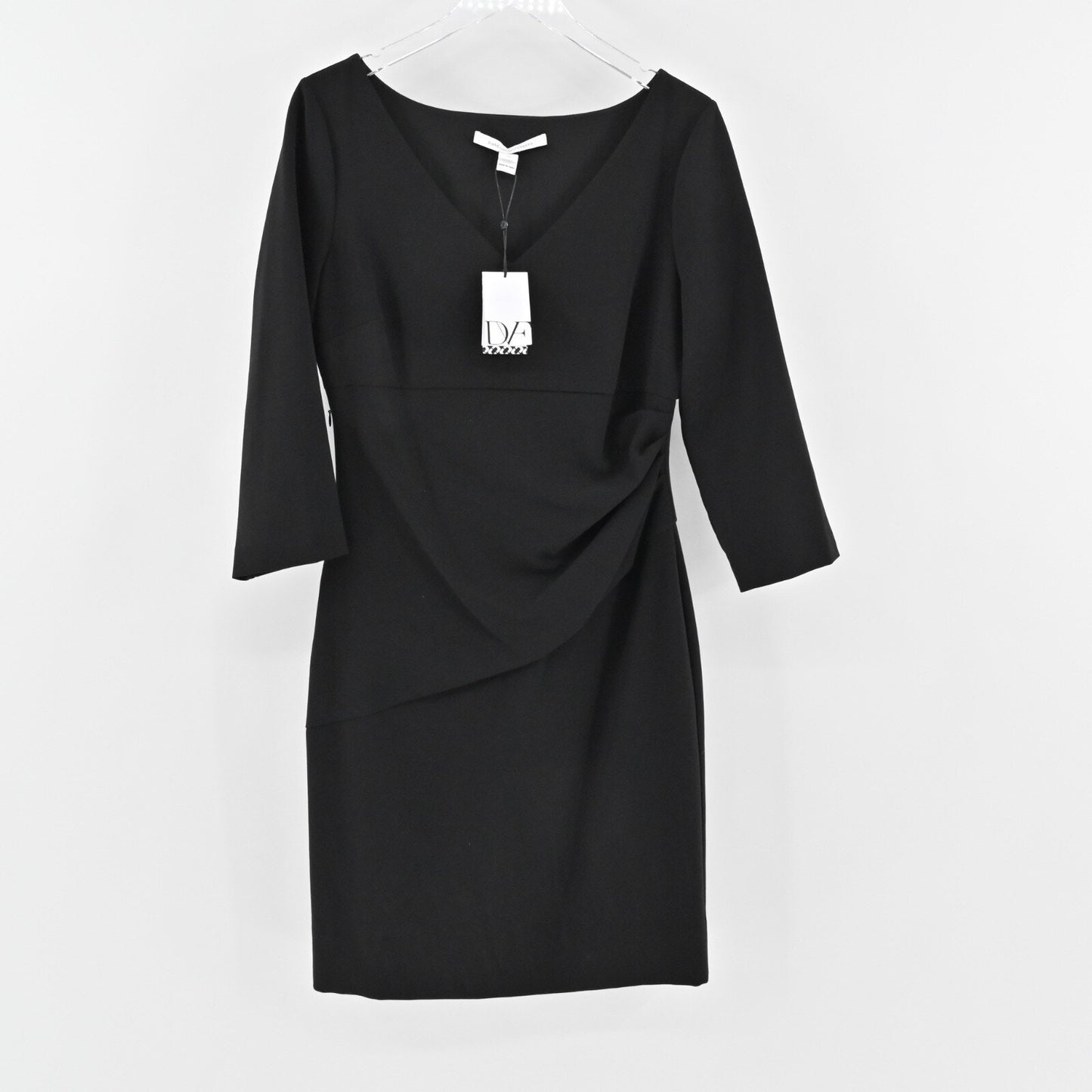 DIANE VON FURSTENBERG Bevin Sheath Dress Sz 12 Black VNeck 3/4 Sleeve Ruched NEW