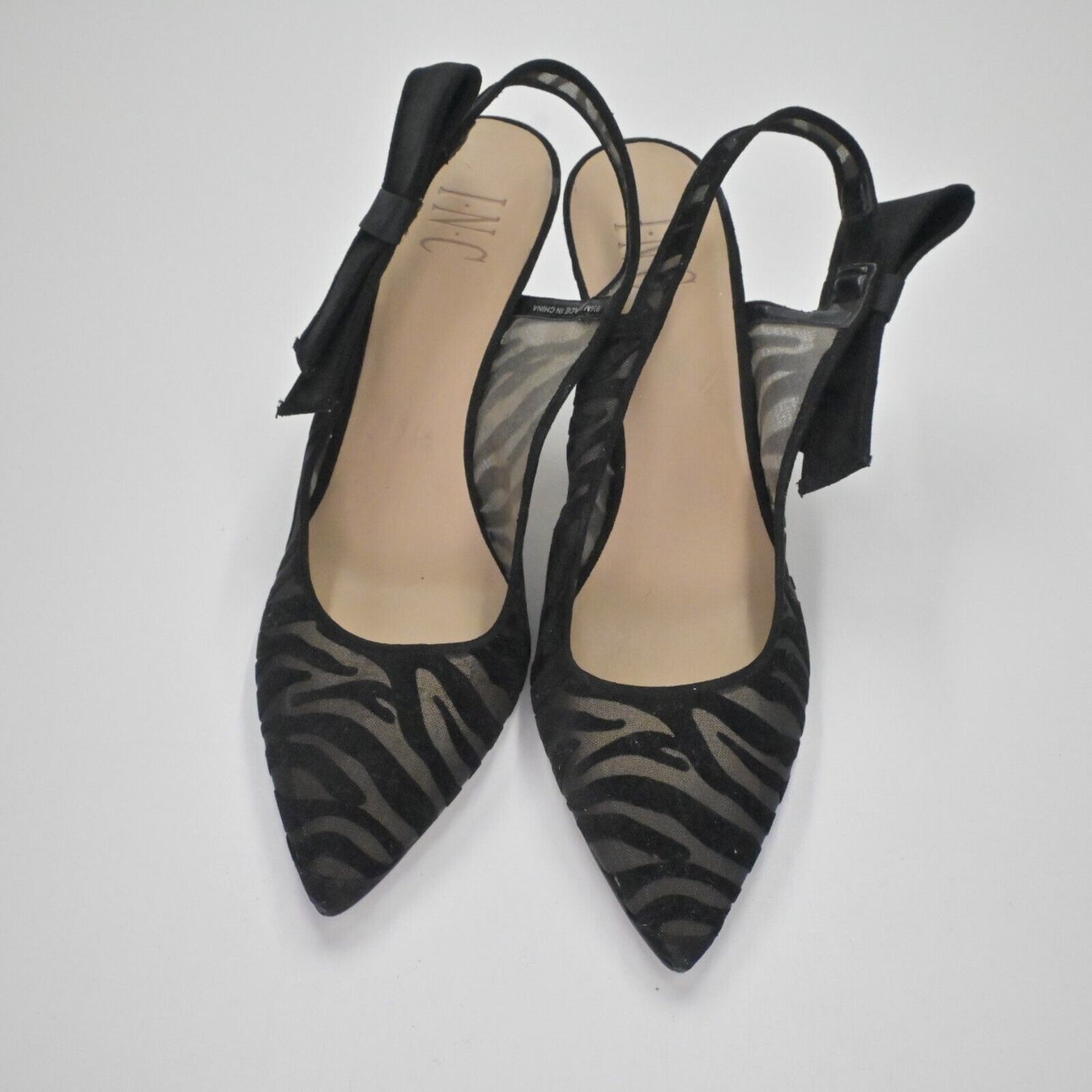 INC Slingback Heels Womens Size 9.5 Black Zebra Velvet Mesh Bow Coletta Stiletto