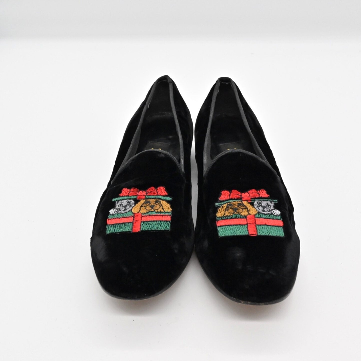 Vtg ZALO Womens Embroidered Holiday Flats Sz 7 Black Velvet Cat DogFestive 90s