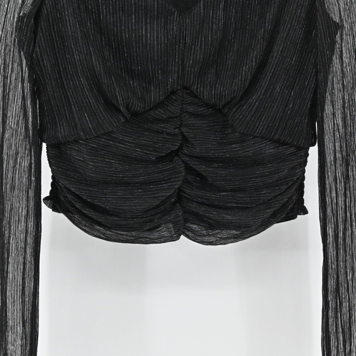 JOIE Top Womens Size S Black Metallic VNeck Gathered Blouse Semi Sheer Sleeves