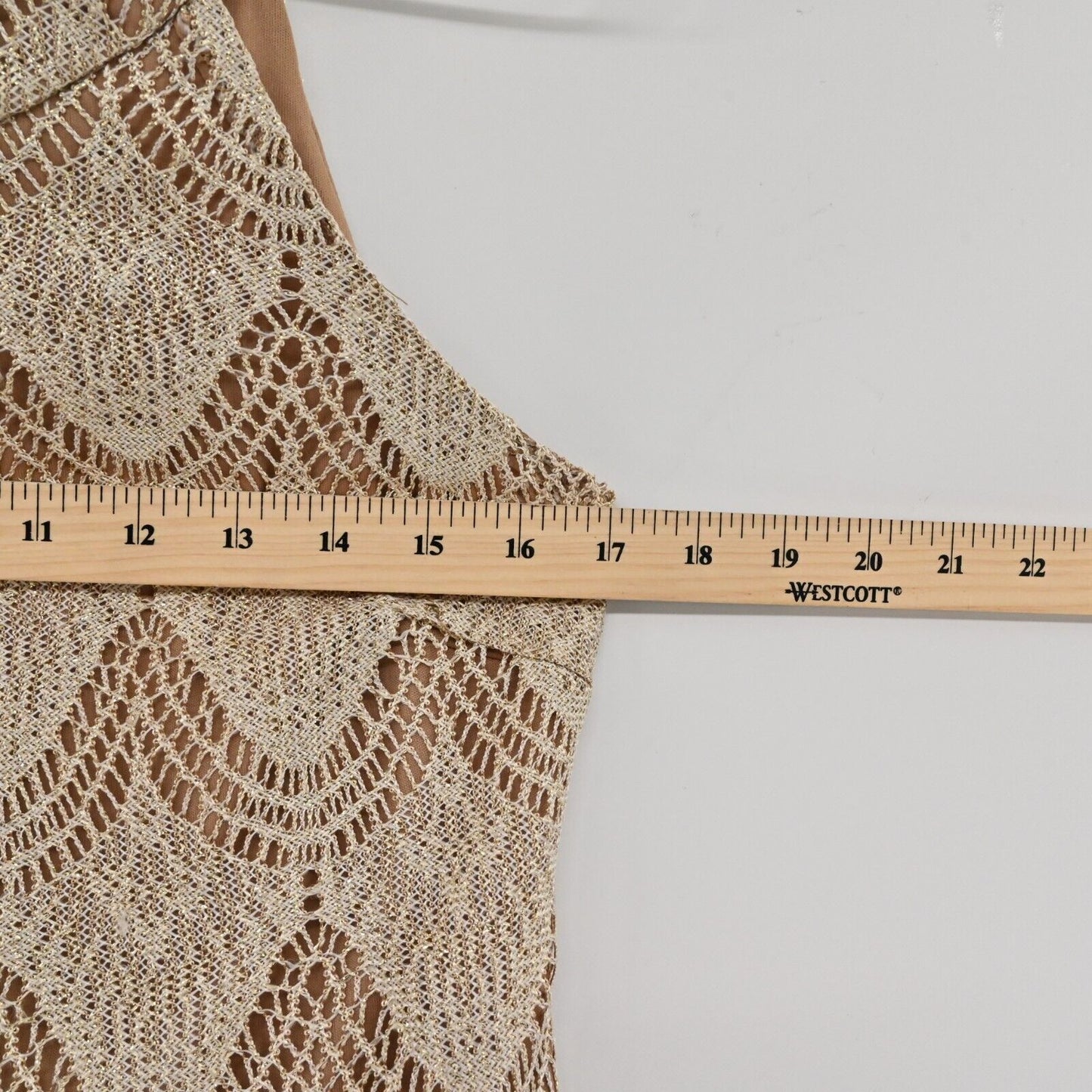 Vtg LAURA Dress Womens Size M Tan Gold Metallic Crochet Lace Fringe Halter Shift