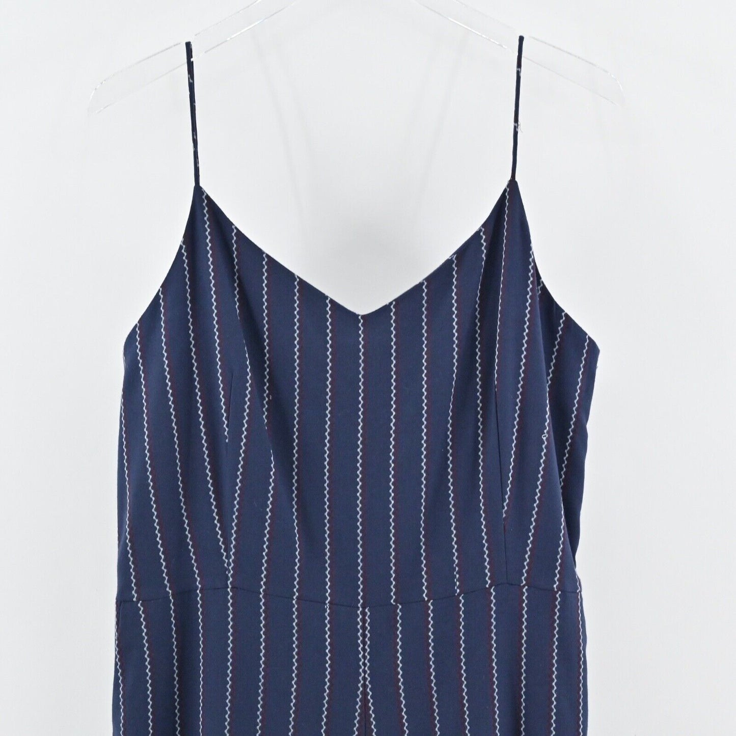 GANNI Jumpsuit Womens Size 42 Navy Blue Stripe Spaghetti Strap V Neck Wide Leg