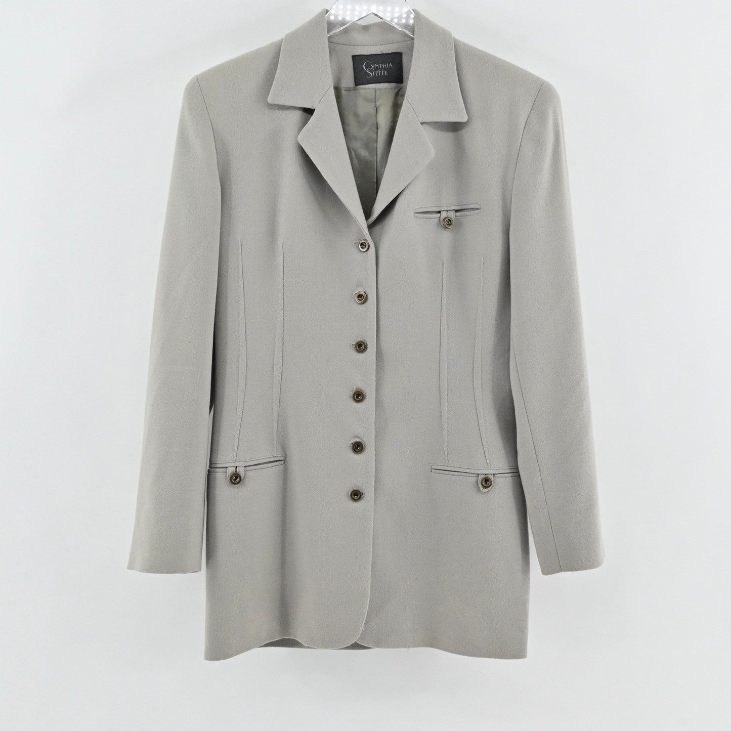 Vtg Cynthia Steffe Womens Wool Blazer Size 6 Gray Longline Jacket Button Front