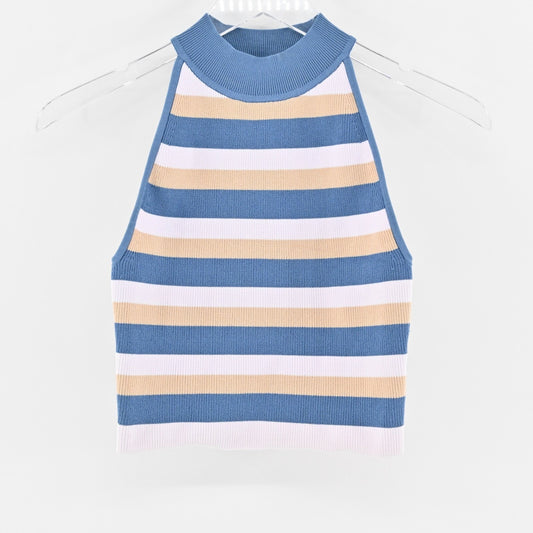 ARITZIA Top Sz XS Babaton Sculpt Knit Halter Flax Beige Flagstone Blue Stripe