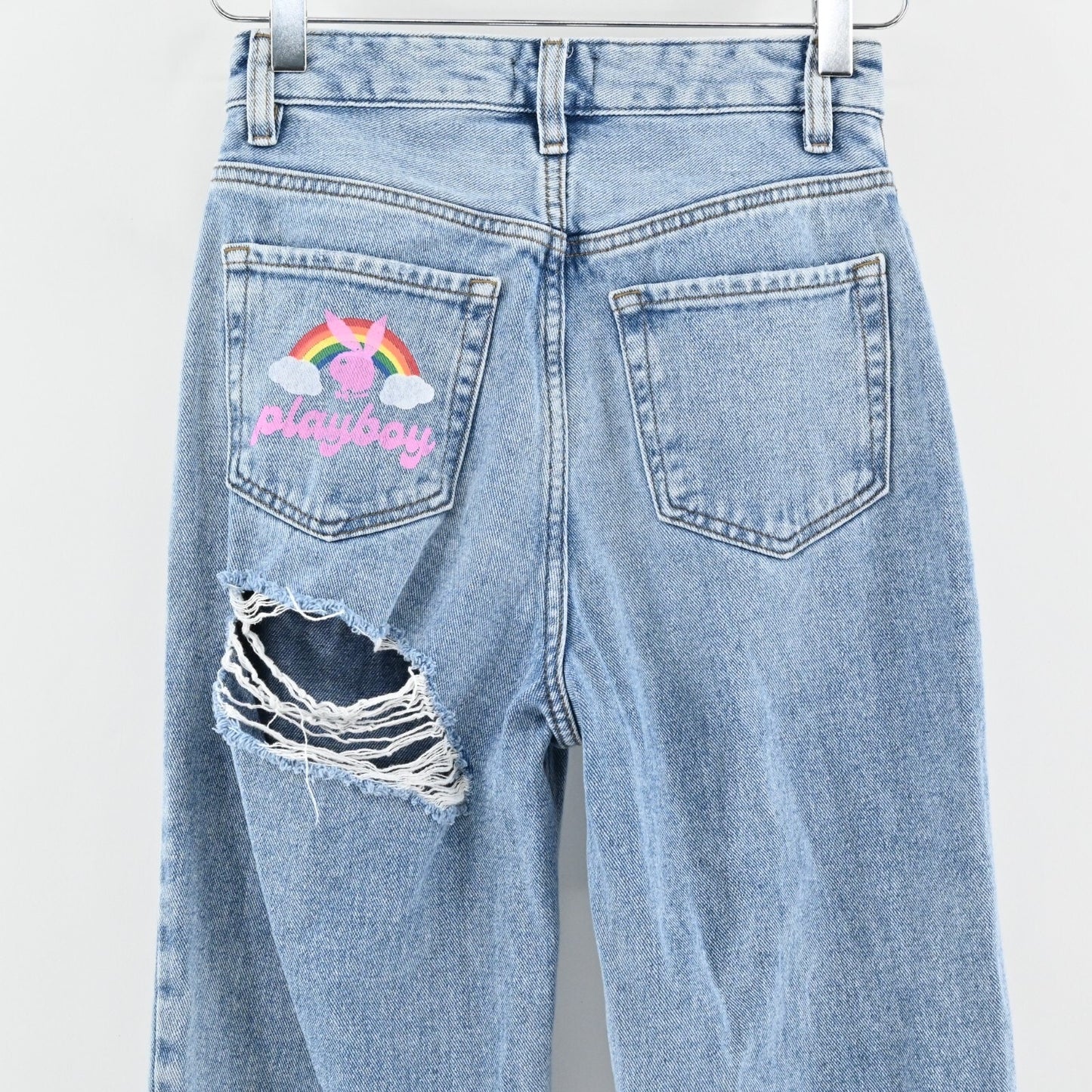 Playboy X Pacsun Slash Mom Jeans Size 25 Distressed Rainbow Paint Pocket Pride