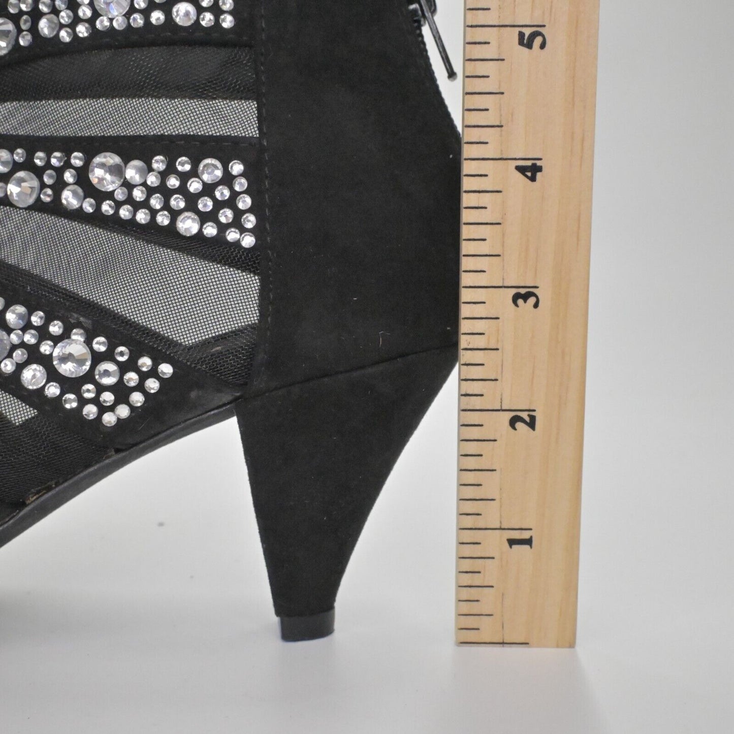 Vtg JOAN BOYCE Heels Womens Sz 7.5 Black Faux Suede Mesh Rhinestone Peep Toe Y2K
