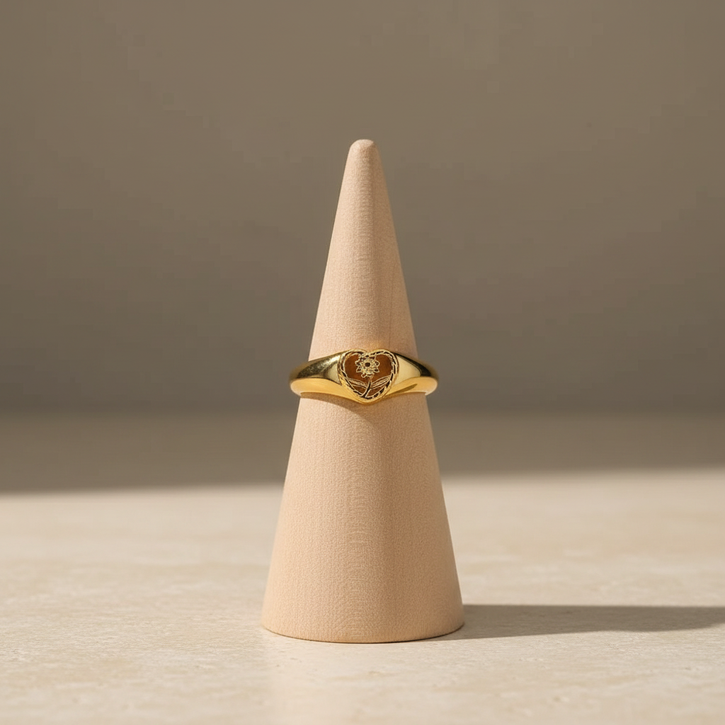 Stainless Steel Sunflower Heart Frame Adjustable Open Ring Gold Plated