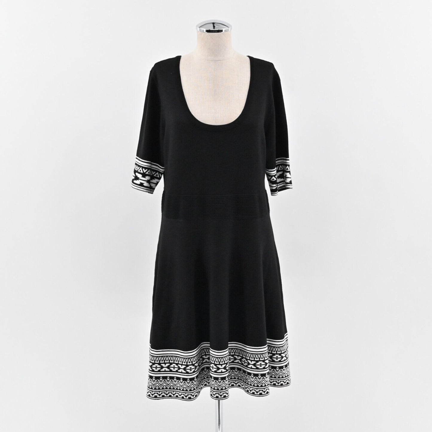 NINA LEONARD Dress Size XL Fit Flare Sweater Mini Black White Trim Scoop Neck