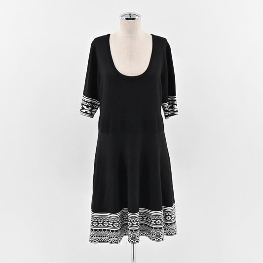 NINA LEONARD Dress Size XL Fit Flare Sweater Mini Black White Trim Scoop Neck