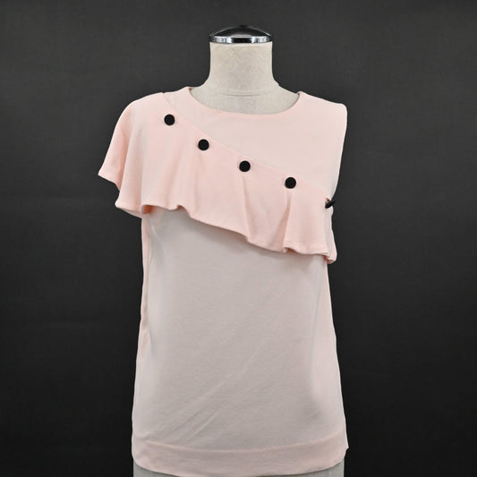 MAJE Womens Lorena Pink Ruffle Top Size S Sleeveless Coquette Black Buttons NEW