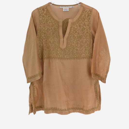 GRETCHEN SCOTT Silk Embroidered Top Womens Sz XS Brown Paisley Tunic Cotton Boho