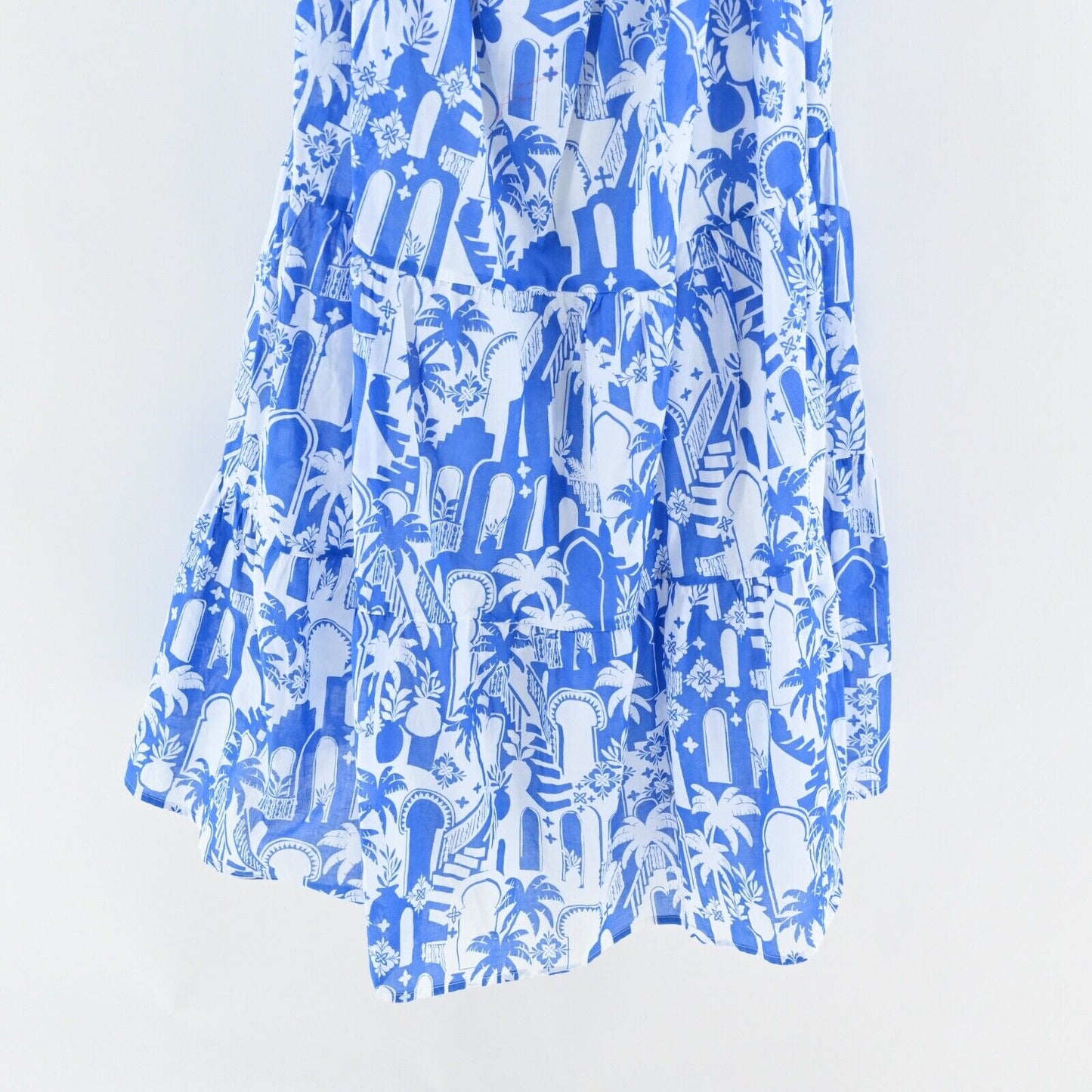SUGARLIPS Dress Sz S Nala Maxi Blue Tropical Print Cotton Ruffle Flutter Sleeve