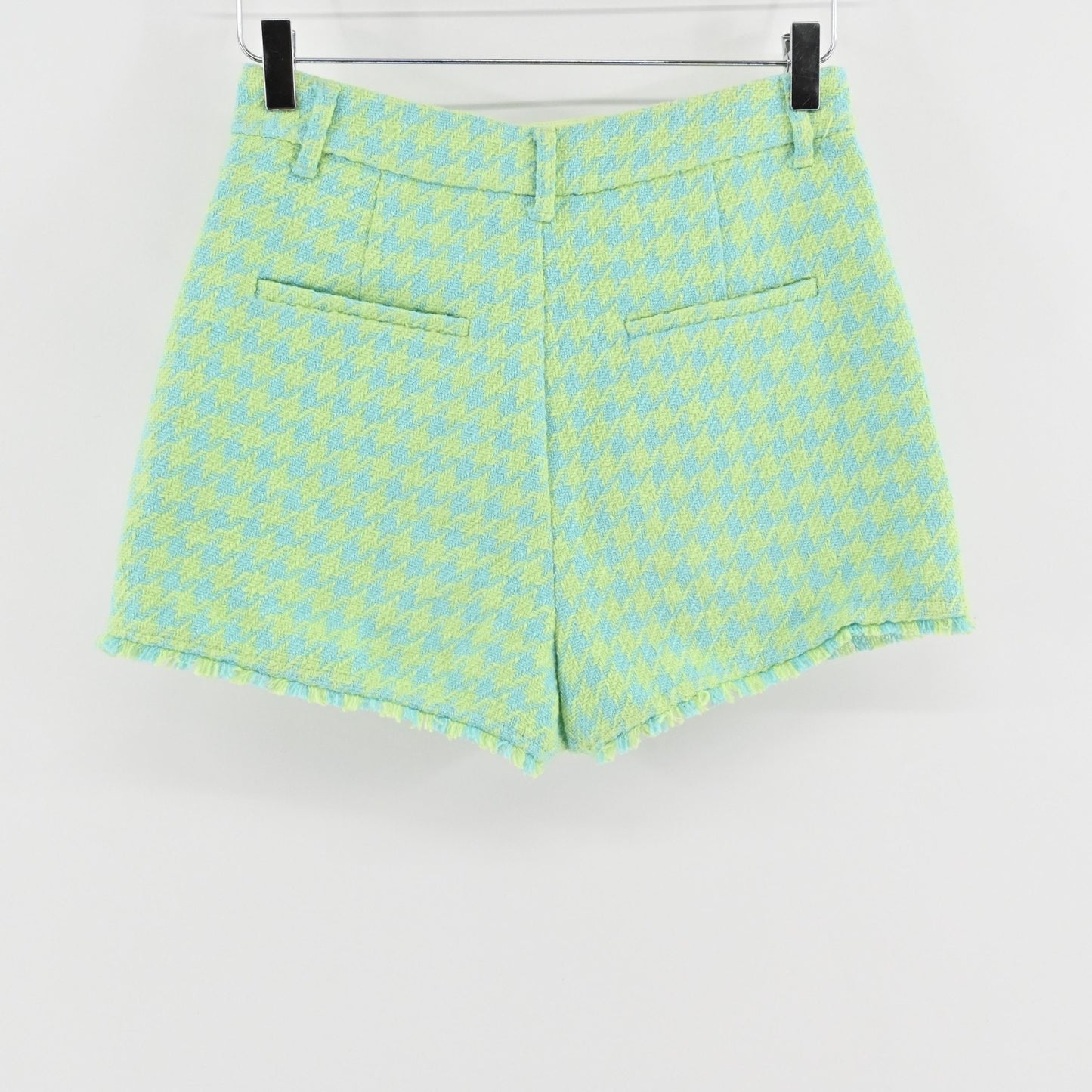 Zara Womens Houndstooth Tweed Frayed Shorts Size S Blue Green High Rise Casual