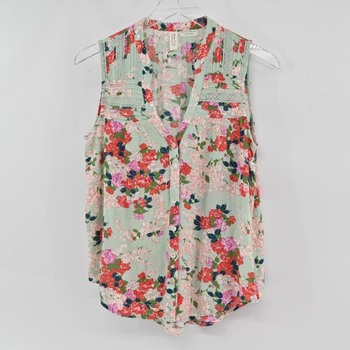 Anthropologie Top Womens Sz 2 MEADOW RUE Sleeveless Button Up Green Floral Lace
