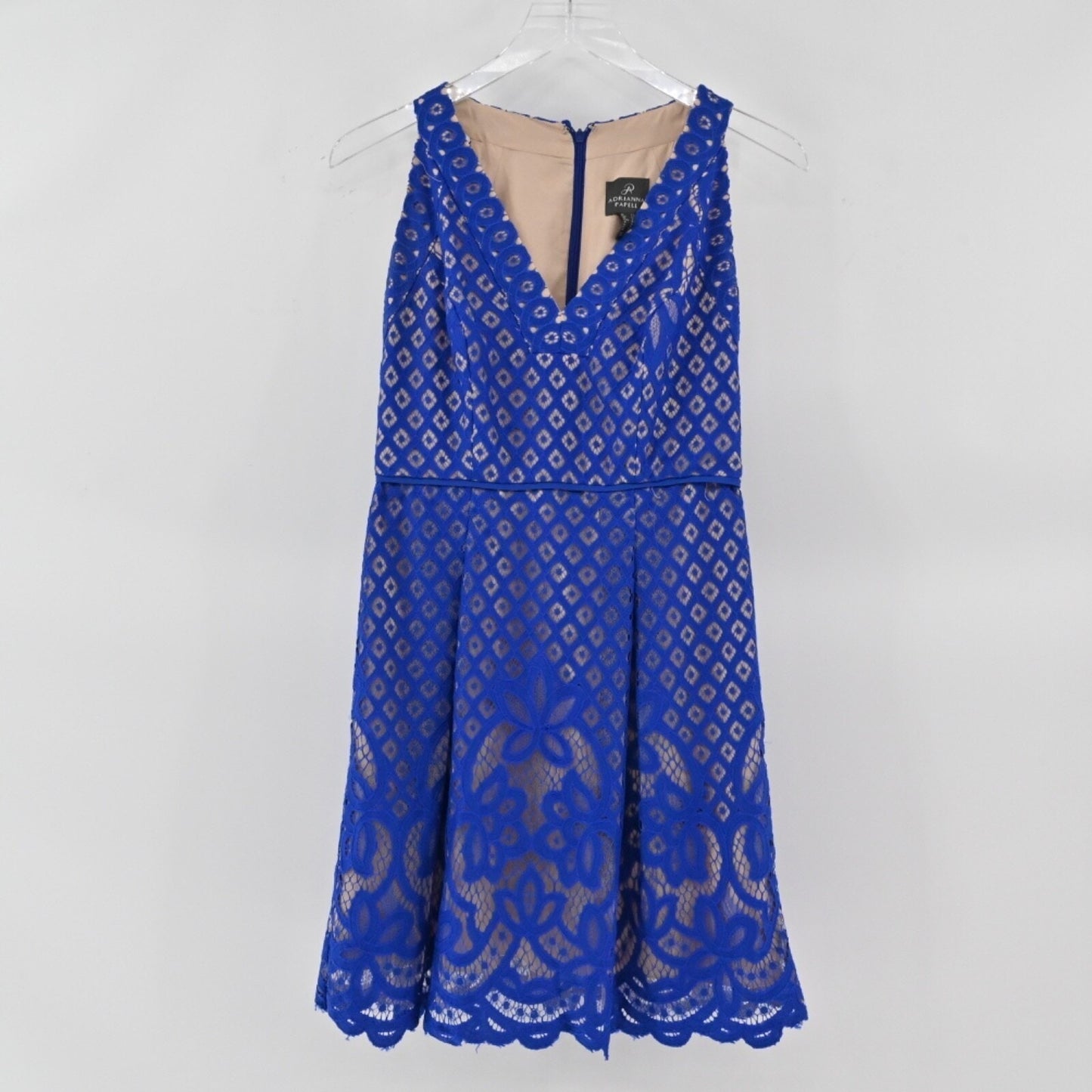 ADRIANNA PAPELL Blue Lace Dress Size 4 Floral Fit Flare Feminine Romantic Modern