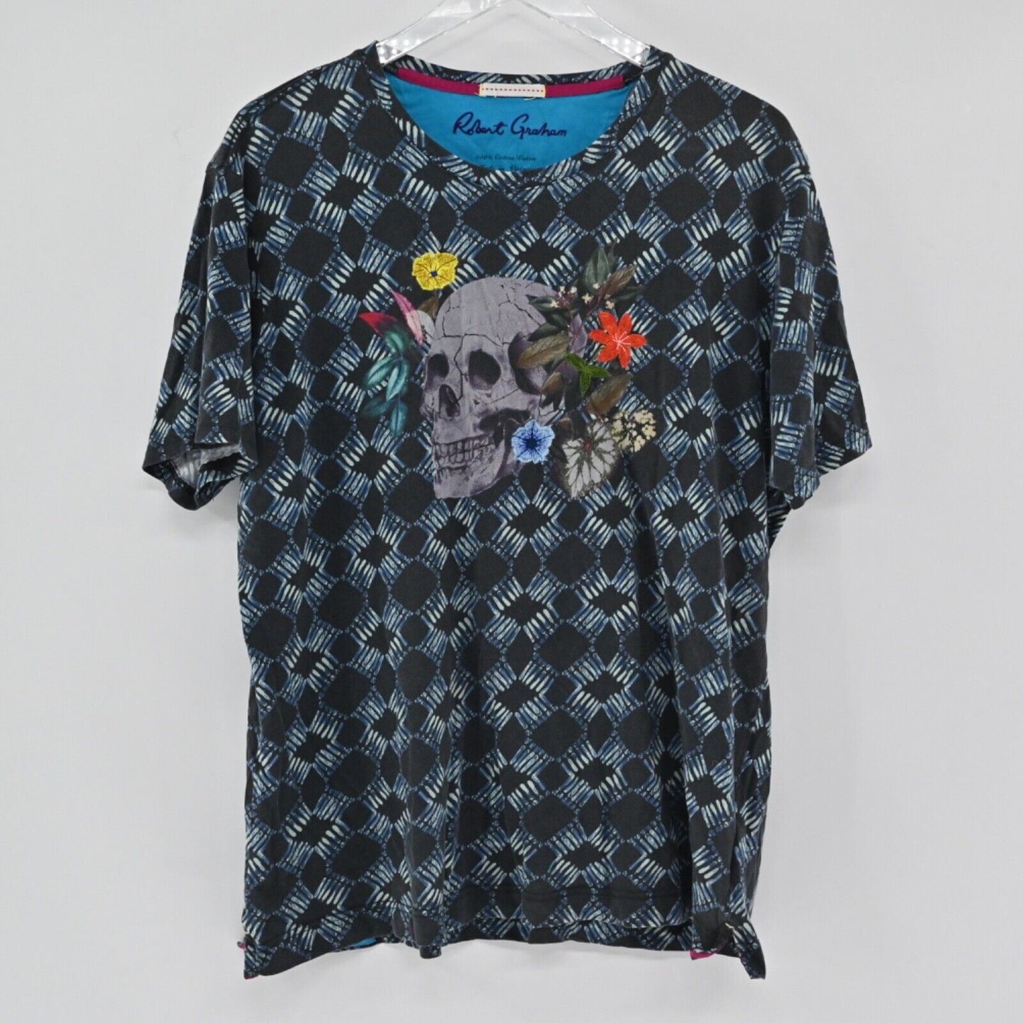 ROBERT GRAHAM T Shirt Mens Size L Blue Geometric Speed Limit Batik Skull Graphic