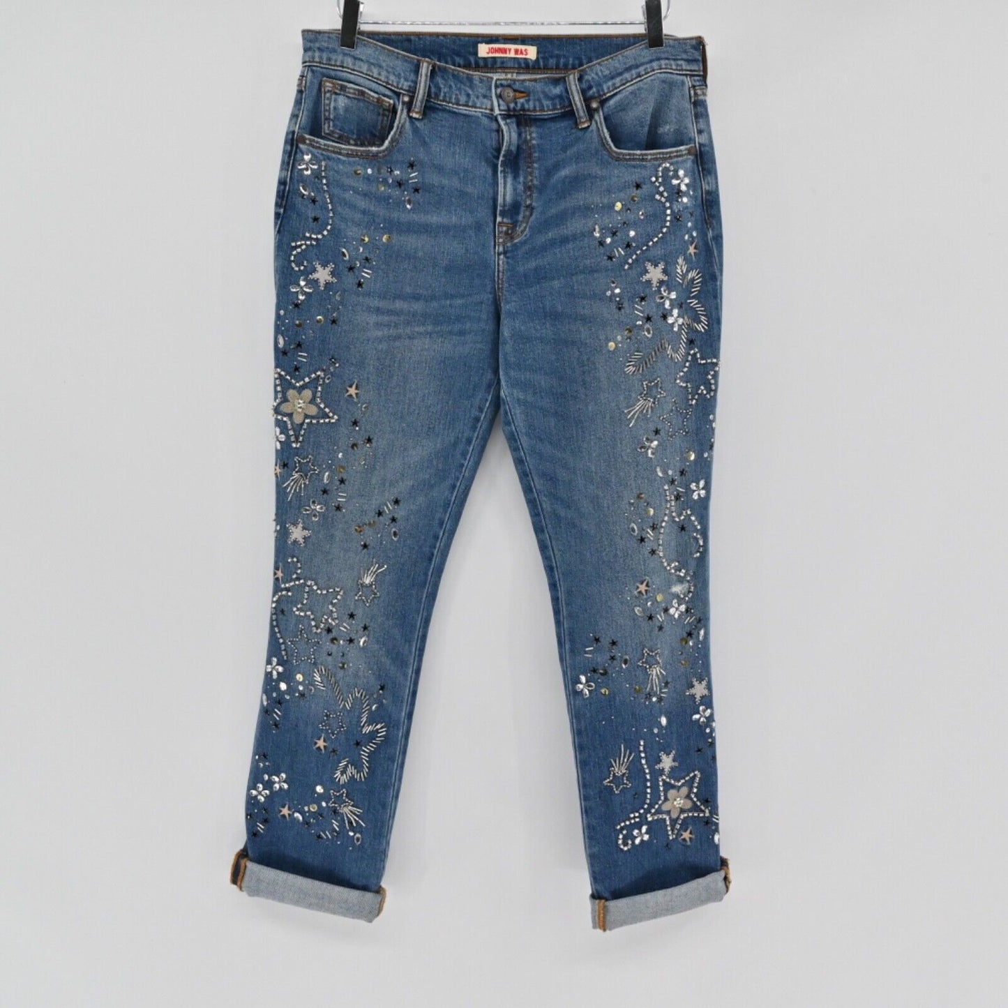 JOHNNY WAS Jeans Womens Size 29 Beaded Rhinestone Star The Boyfriend Relaxed Fit