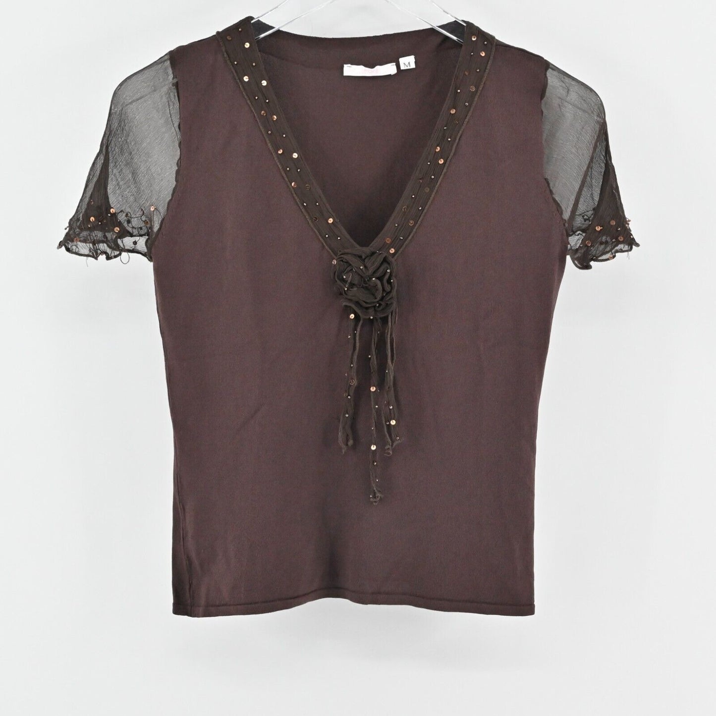 POIS Top Womens Size M VNeck Rosette Sequin Sheer Short Sleeve Chocolate Brown