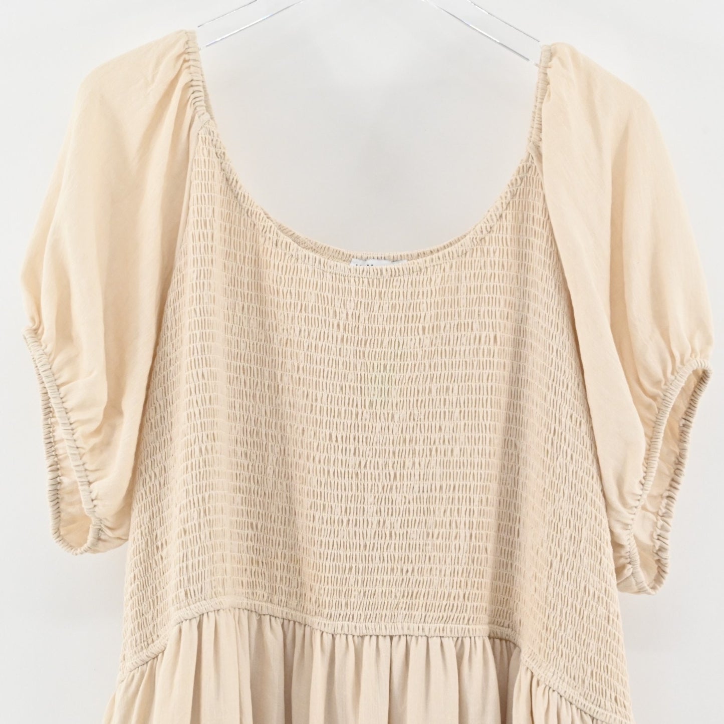 IVY CITY Co Tiered Dress Sz 3X Beige Smocked Scoop Neck Puff Sleeve Stretch Midi