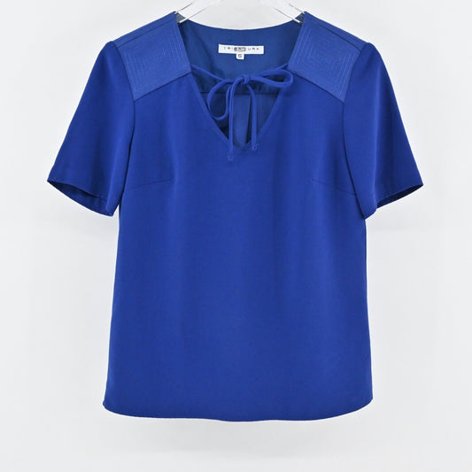 TRINA TURK Top Womens Sz S Blue Royal Tie Neck Blouse Pleated Embroidered Retro
