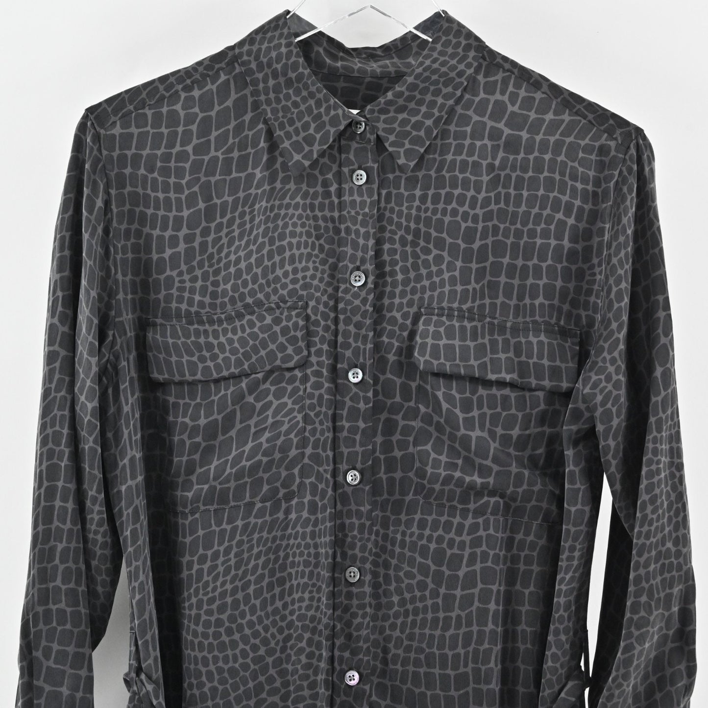 EQUIPMENT Silk Midi Dress Sz S Black Animal Print Button Front Belted Collared