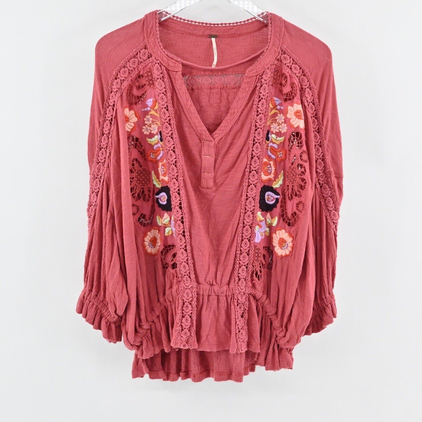 FREE PEOPLE Top Womens Sz XS Sarafina Embroidered Top Sangria Combo Pink Boho