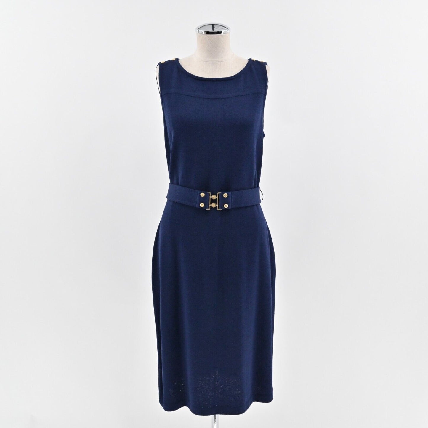 ST JOHN Dress Sz 10 Blue Santana Knit Wool Sheath Sleeveless COLLECTION Dog Show