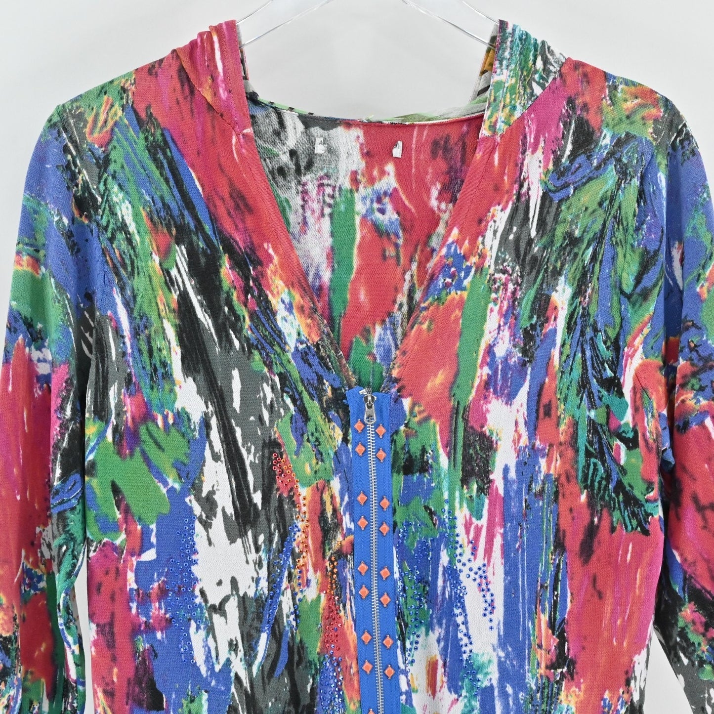Alberto Makali Womens Beaded Zip Jacket Size L Cardigan Art to Wear Colorful