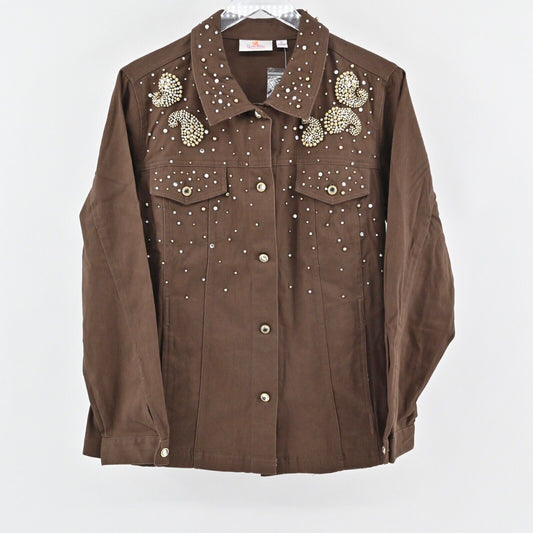 QUACKER FACTORY Denim Jacket Womens Sz M Brown Rhinestone Beaded Blinged Western