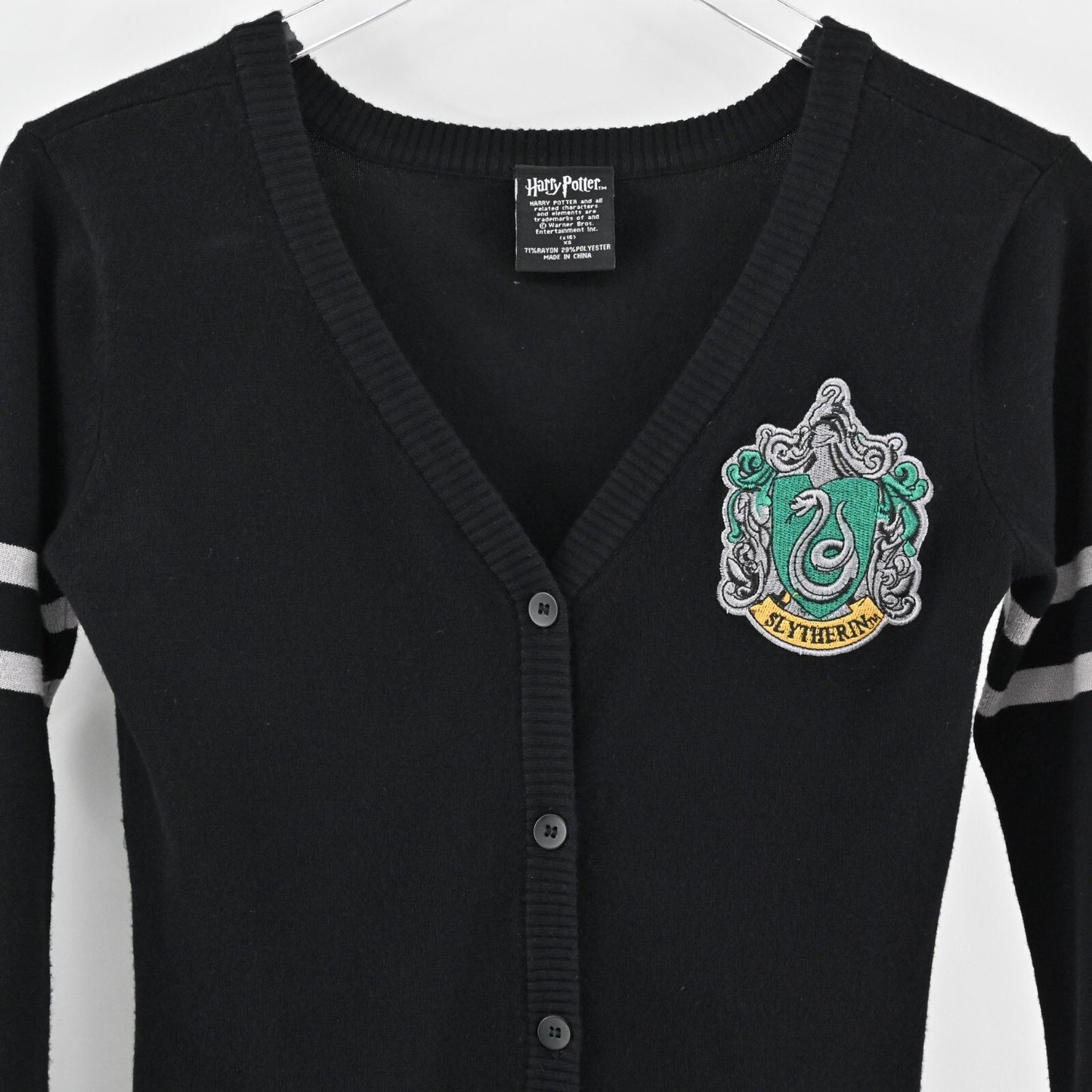 HARRY POTTER Womens Slytherin Cardigan Sz XS Button Front Knit Sweater Hogwarts