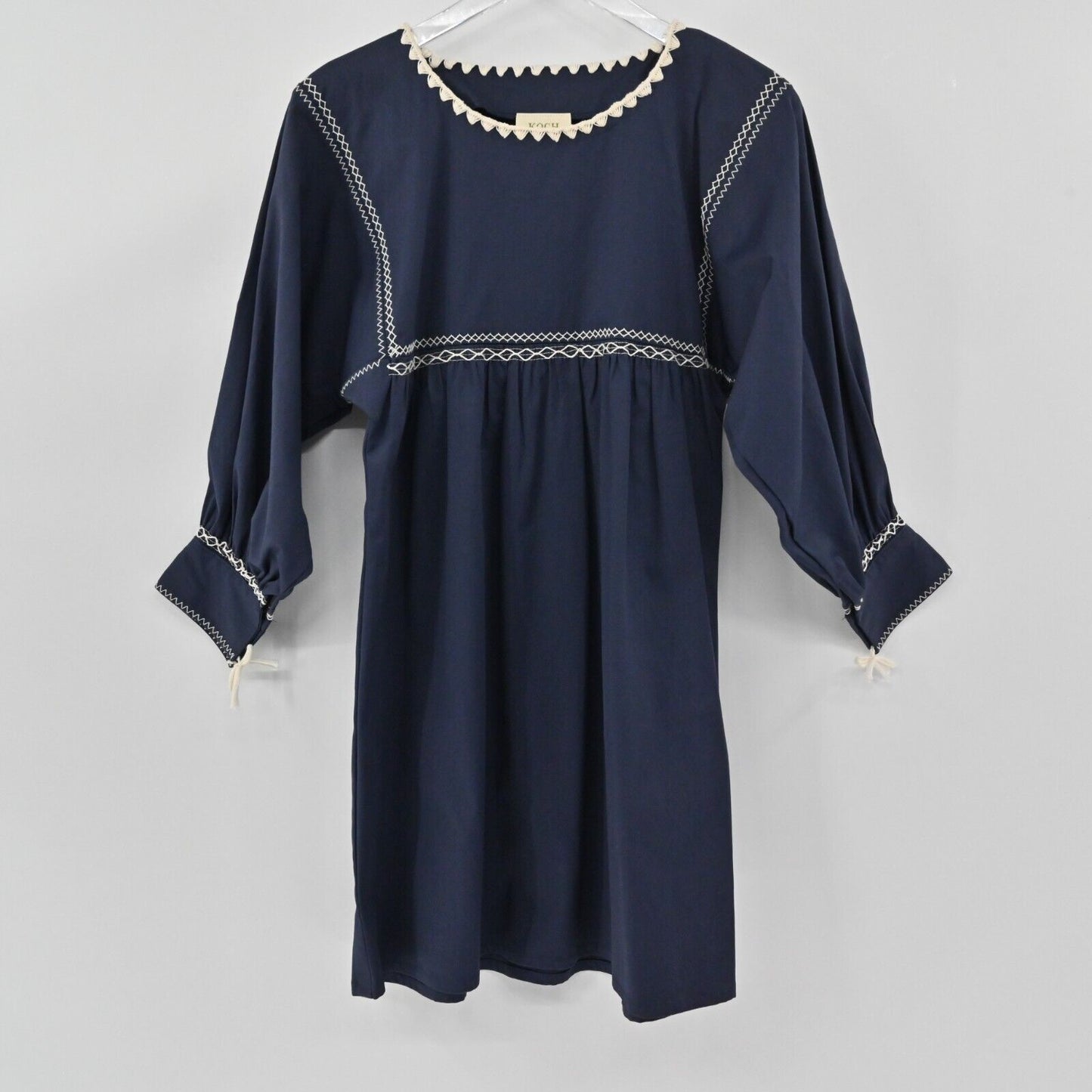 KOCH Dress Sz S Embroidered Trim Navy Long Sleeve Cotton Poplin Cottagecore Boho
