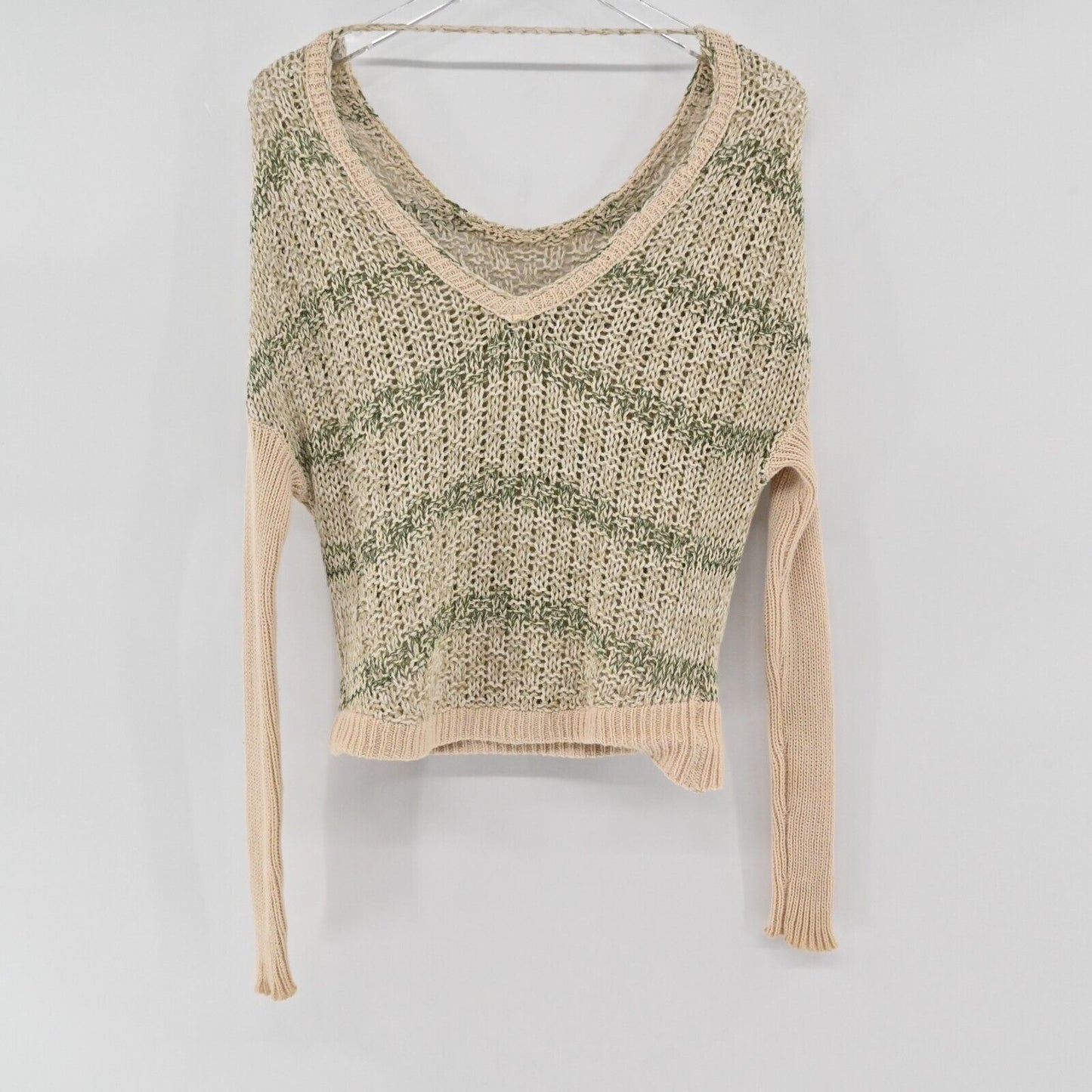 FREE PEOPLE Sweater Womens Size XS Long Sleeve Knit Beige Green Stripe Top Boho