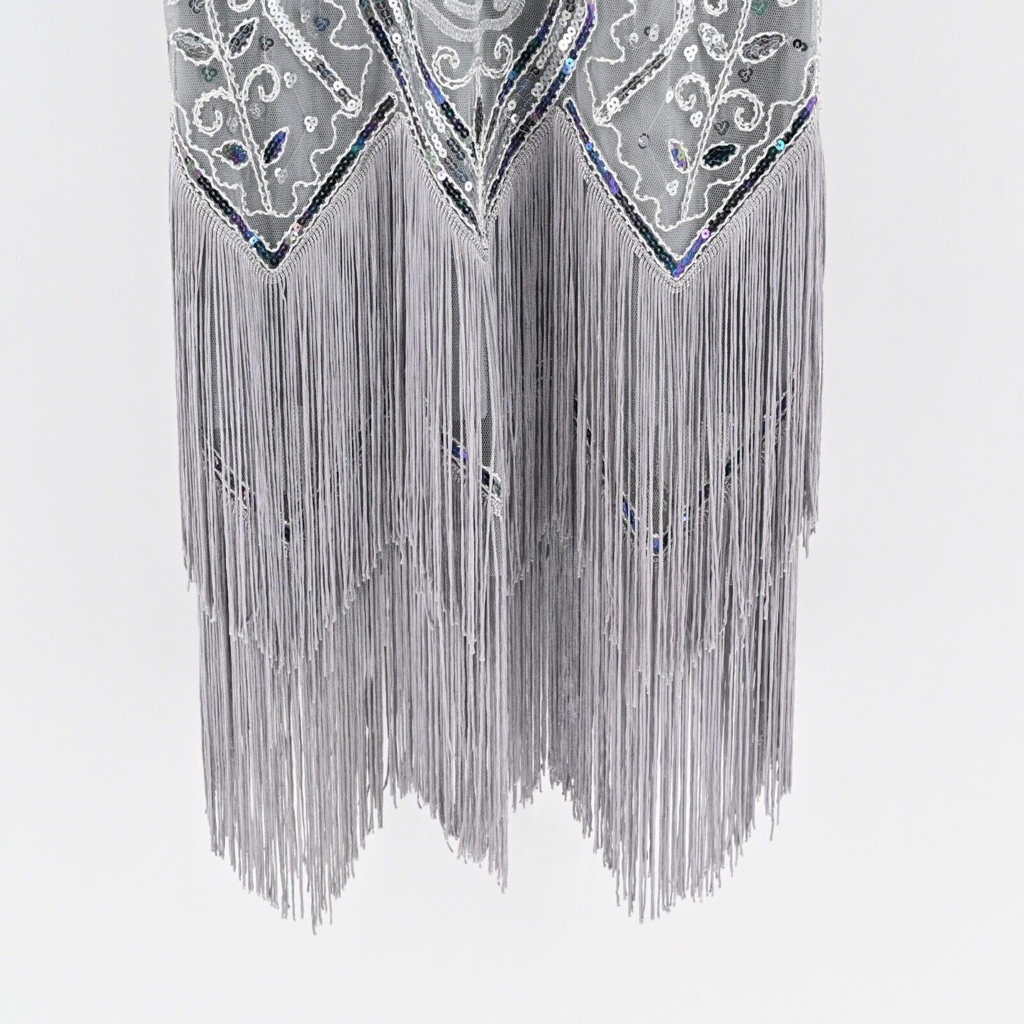 METME Dress Size S Gray Sequin Beaded V Neck Sleeveless Fringe Flapper 1920s NEW