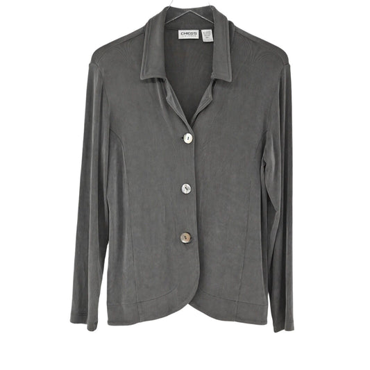 CHICOS Sweater Womens Sz M Travelers Collection Slinky Knit Jacket Grey Capsule