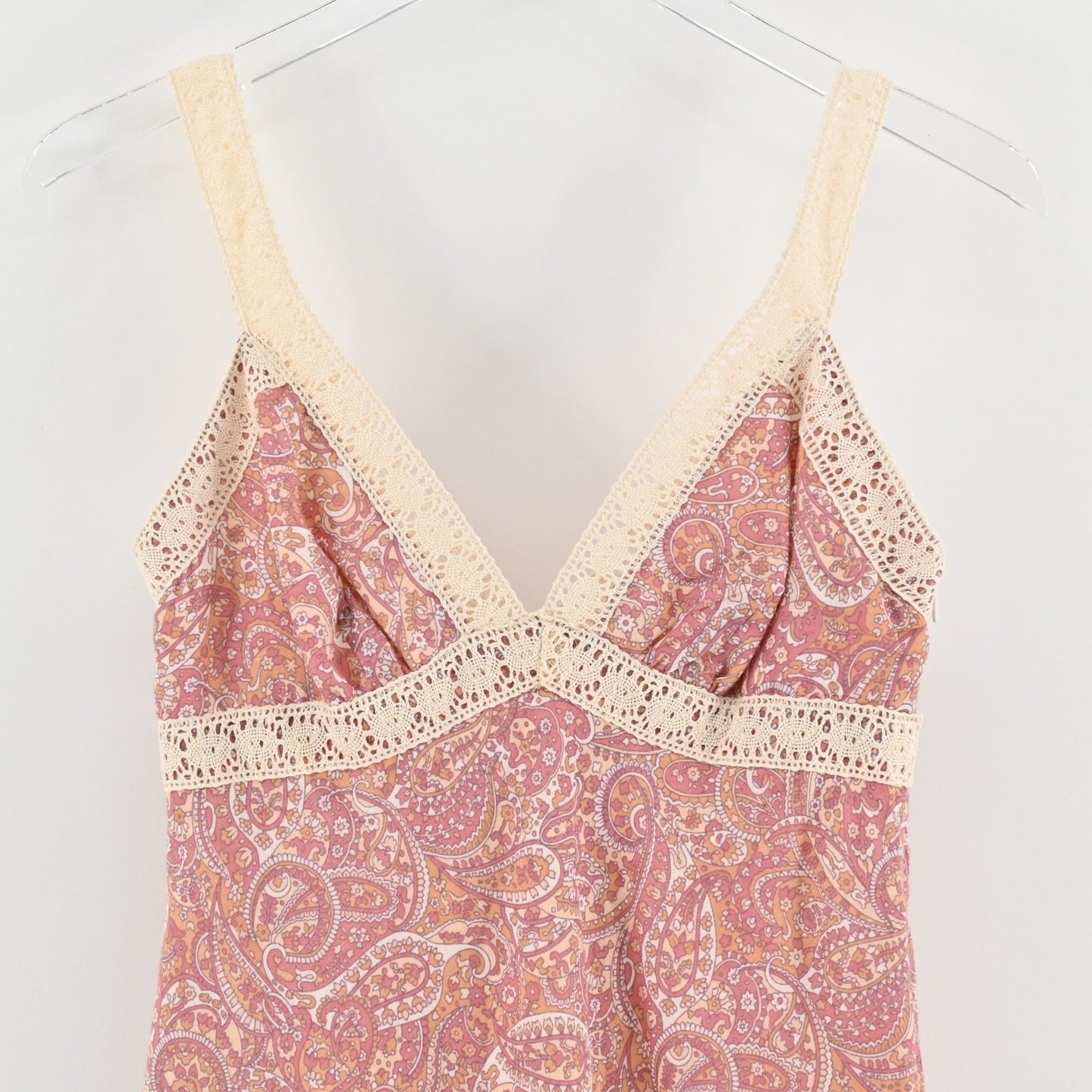 Vtg Y2k Paisley Babydoll Dress Size 4 Petite Crochet Pink Sleeveless Mini VNeck