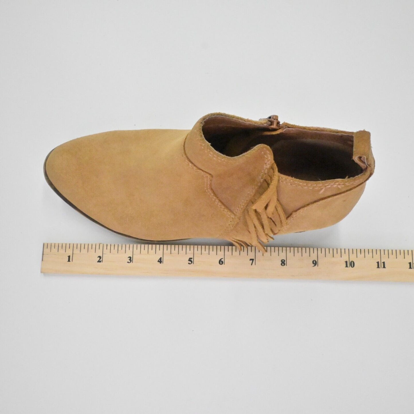 LUCKY BRAND Booties Womens Sz 6.5 Banji Ankle Fringe Stacked Heel Chestnut Brown