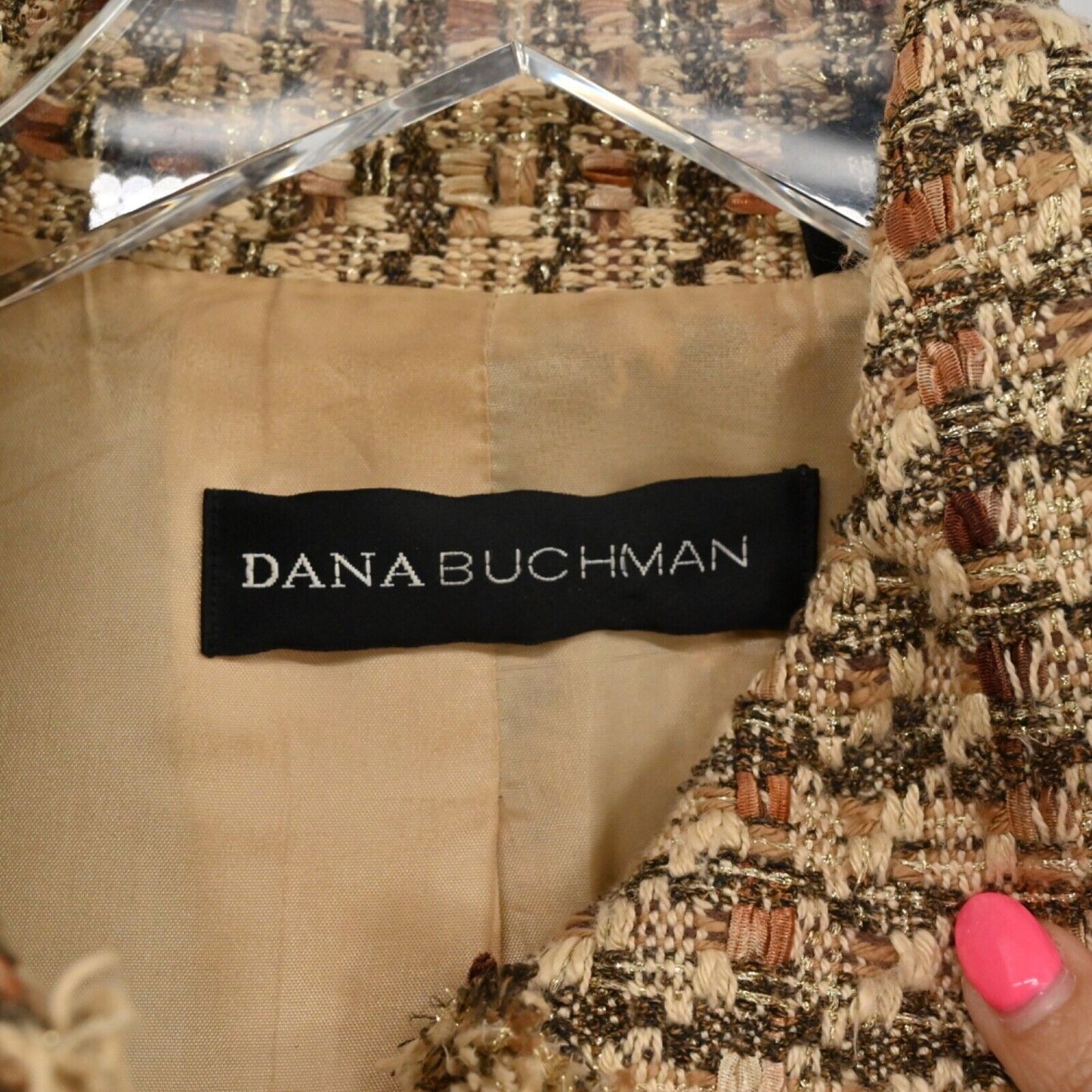 Vtg DANA BUCHMAN Jacket Womens Size 6 Brown Metallic Plaid Tweed Fringe Snap 00s