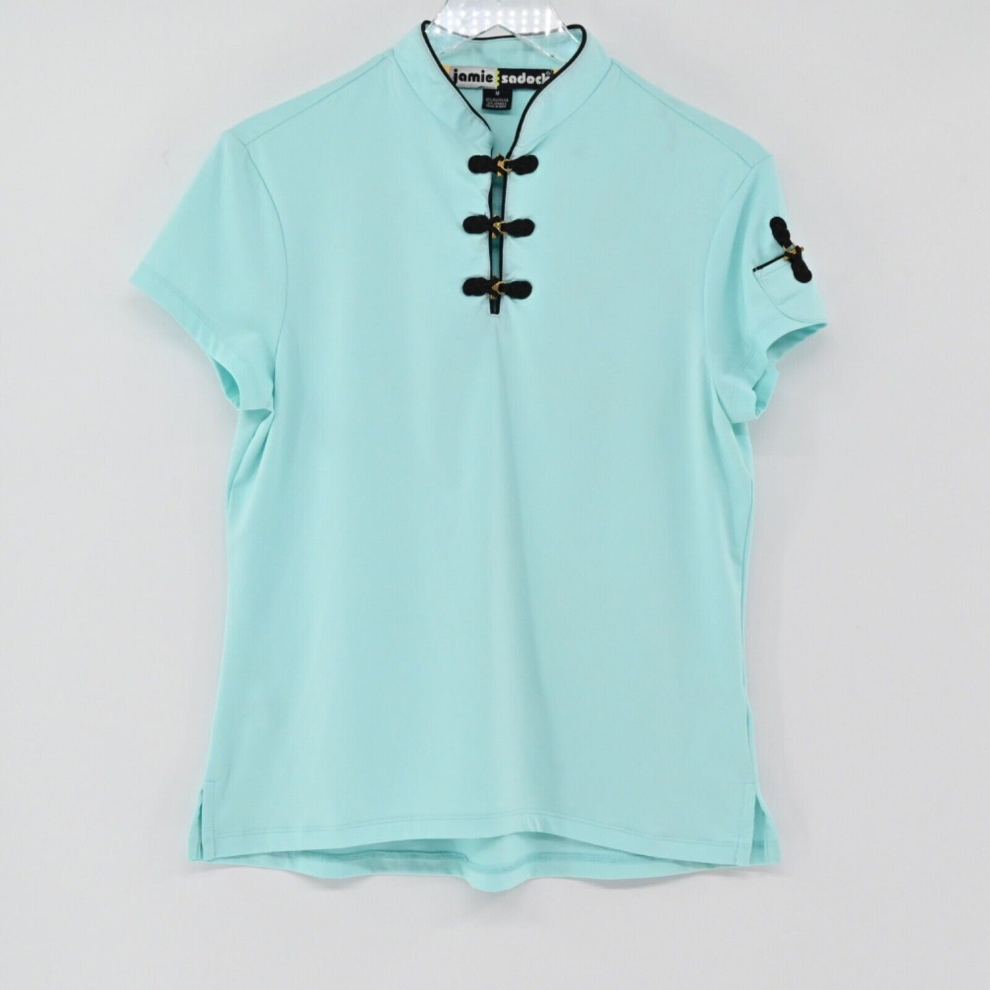 JAMIE SADOCK Top Womens Sz M Blue Mandarin Collar Frog Toggle Short Sleeve Golf
