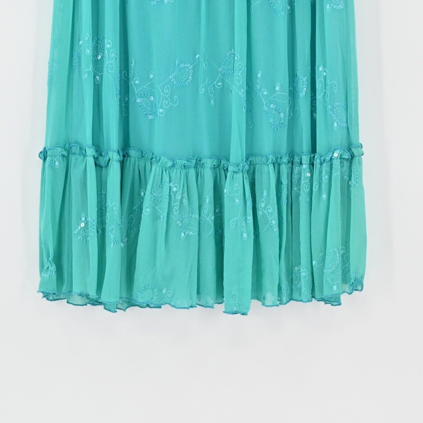 Vintage WHIZ Skirt Womens Sz S Teal Paisley Tiered Ruffle Embroidered Sequin Y2K