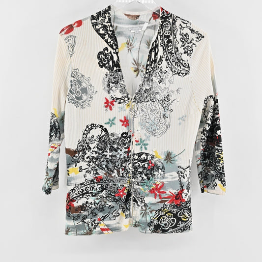 Vtg ALBERTO MAKALI Cardigan Womens Sz L Ivory Tropical Print V Neck Full Zip Y2k
