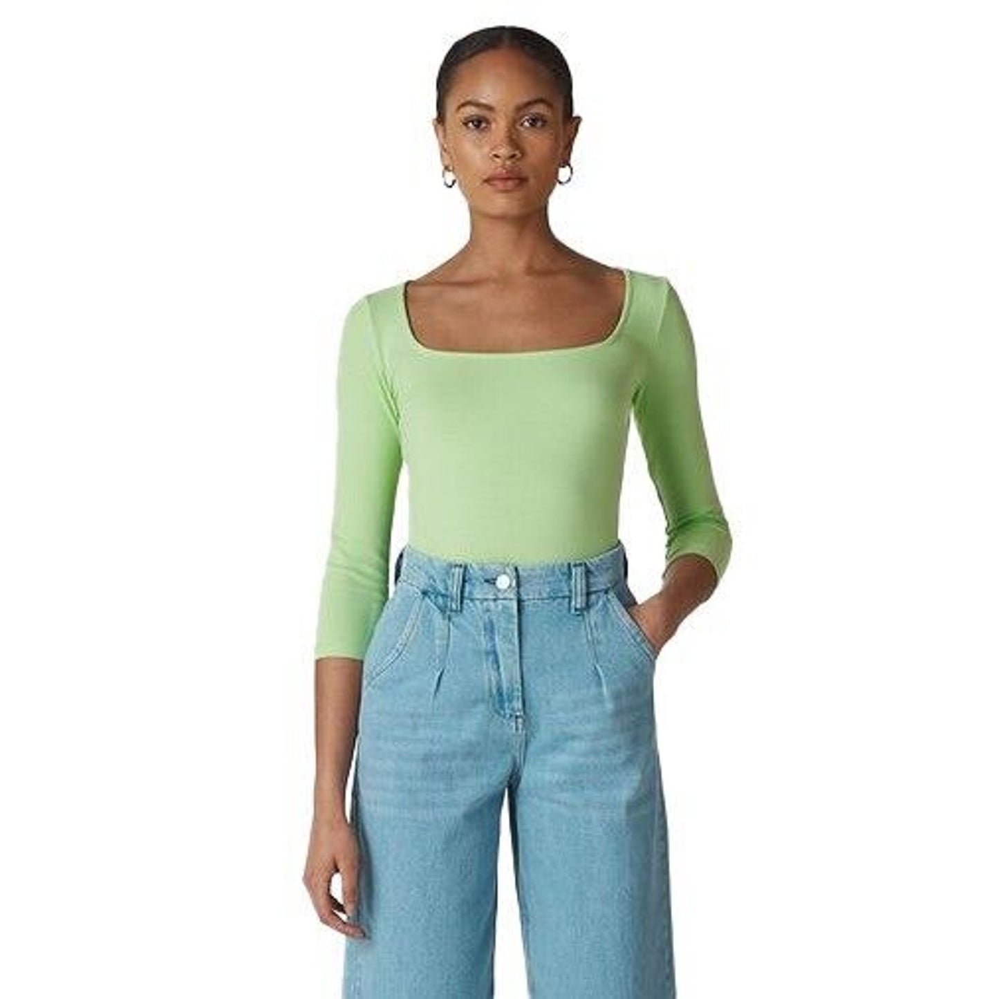 WHISTLES Top Womens Sz 6 Lime Green Fitted Ribbed Knit Square Neck Capsule NEW