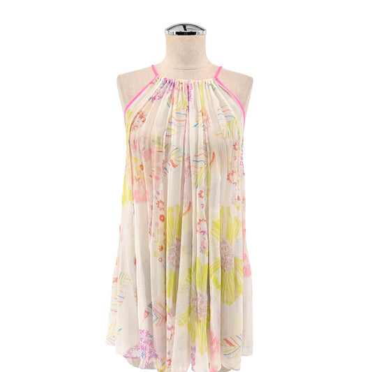 CALYPSO St Barth Top Womens Sz S White Floral Silk Crew Neck Halter Tunic Beach